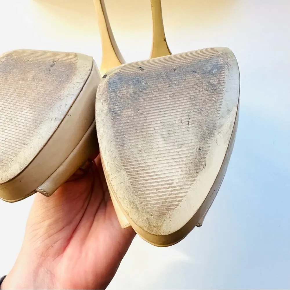 MICHAEL KORS Nude Beige Tan Leather Peep Toe Slingback 5” Heel Pumps Shoes 7 - Picture 9 of 16